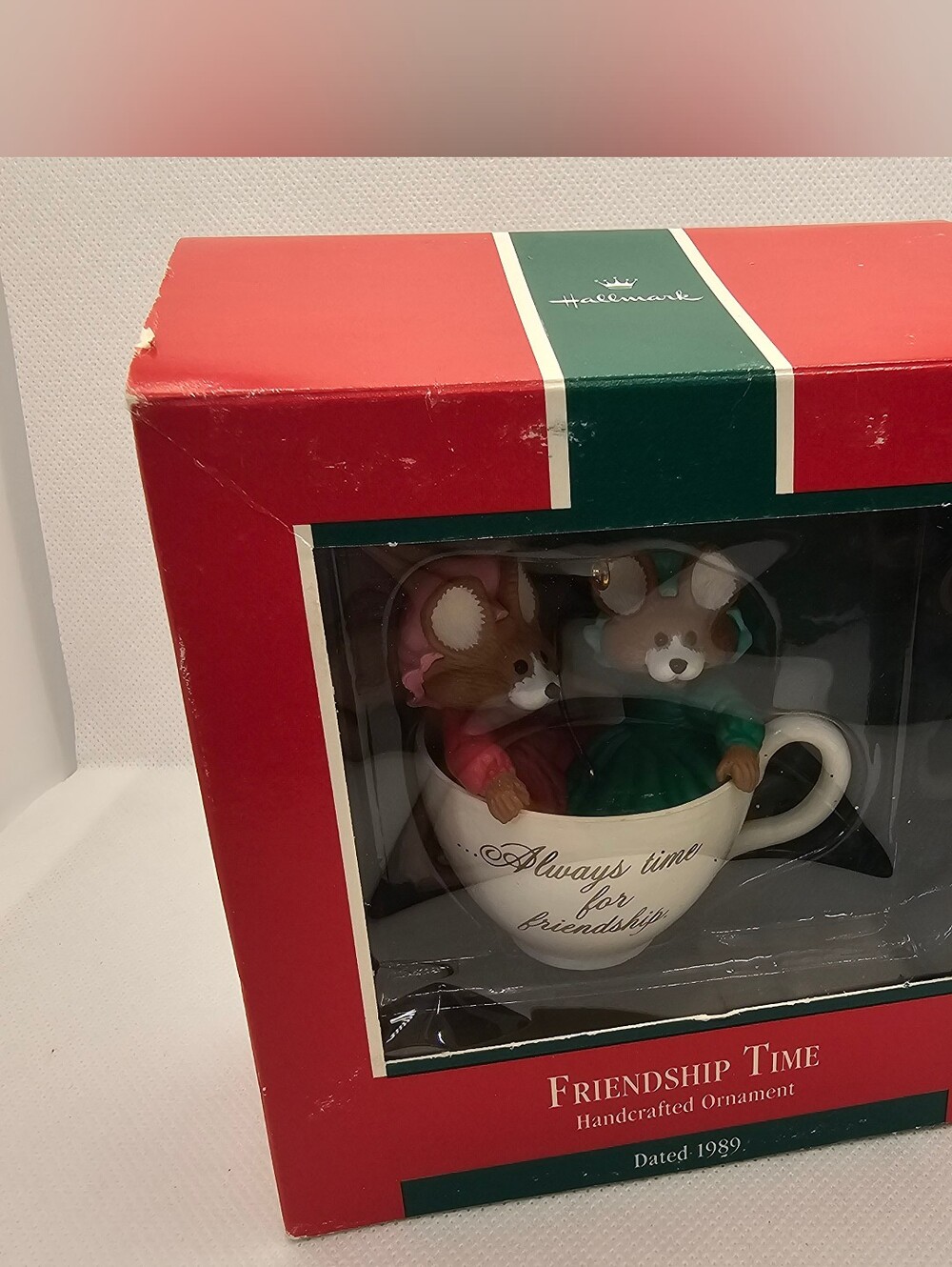Hallmark Christmas Ornament Friendship Time 1989 cup mouse Friend dress partyO
